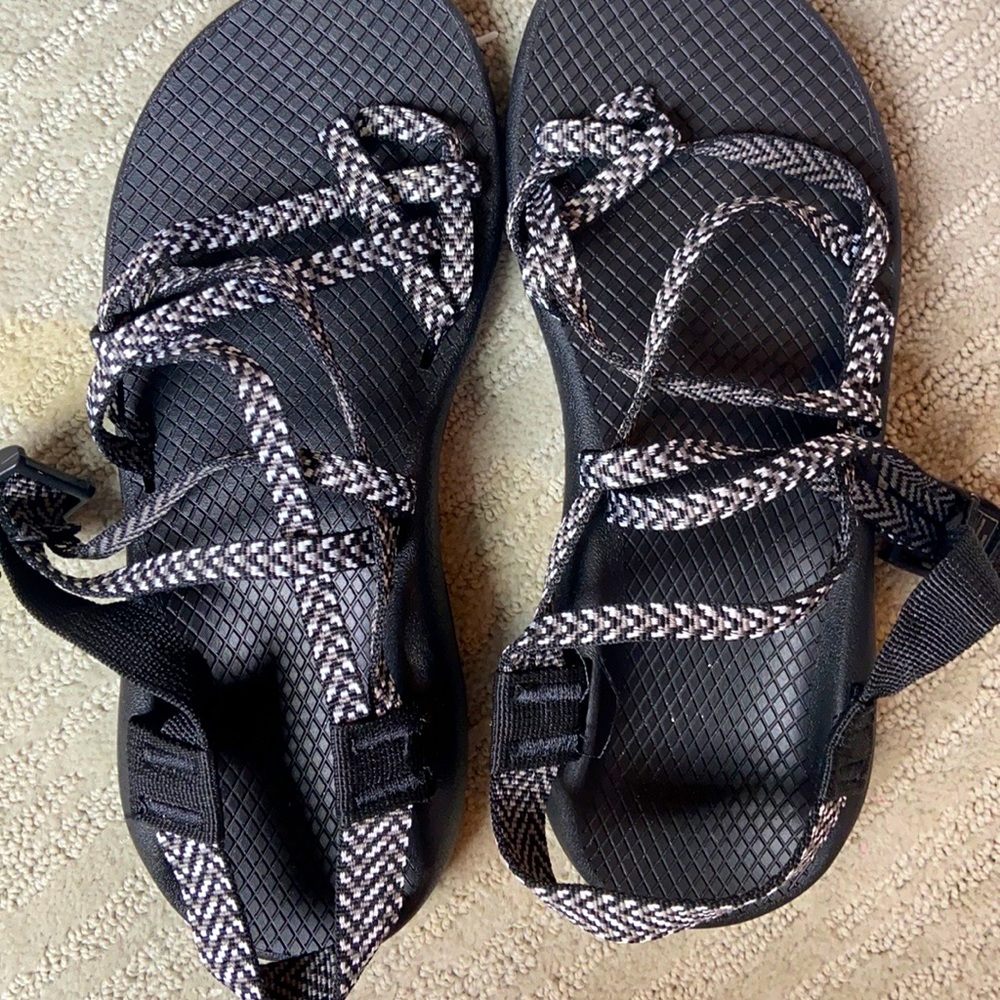 black and white chacos